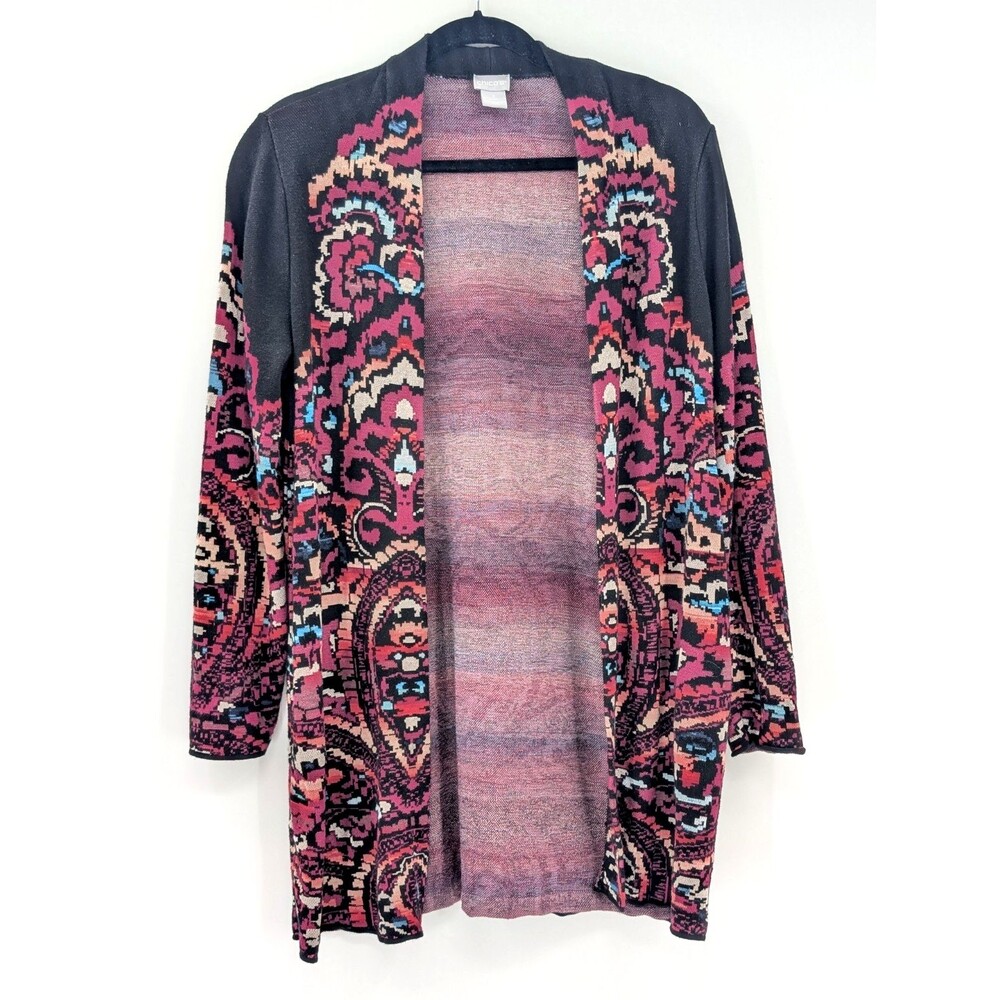 Chico's Colorful Knit Black Pink Open Front Boho Cardigan Size 0 Large
